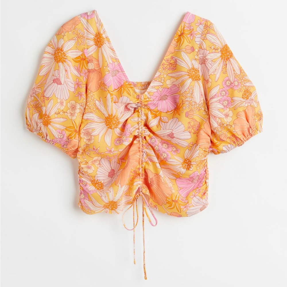 V-neck Drawstring Blouse Flower Print